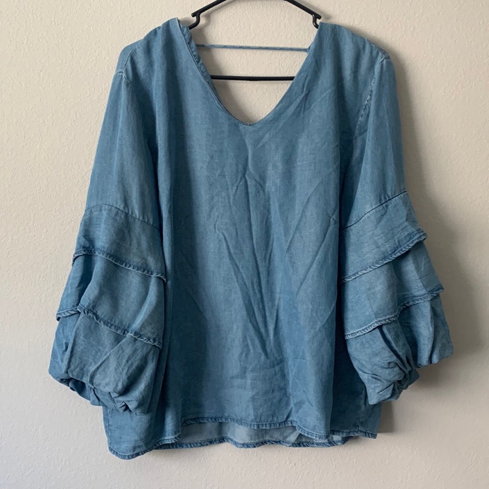 Denim blouse with bell sleeves and open back